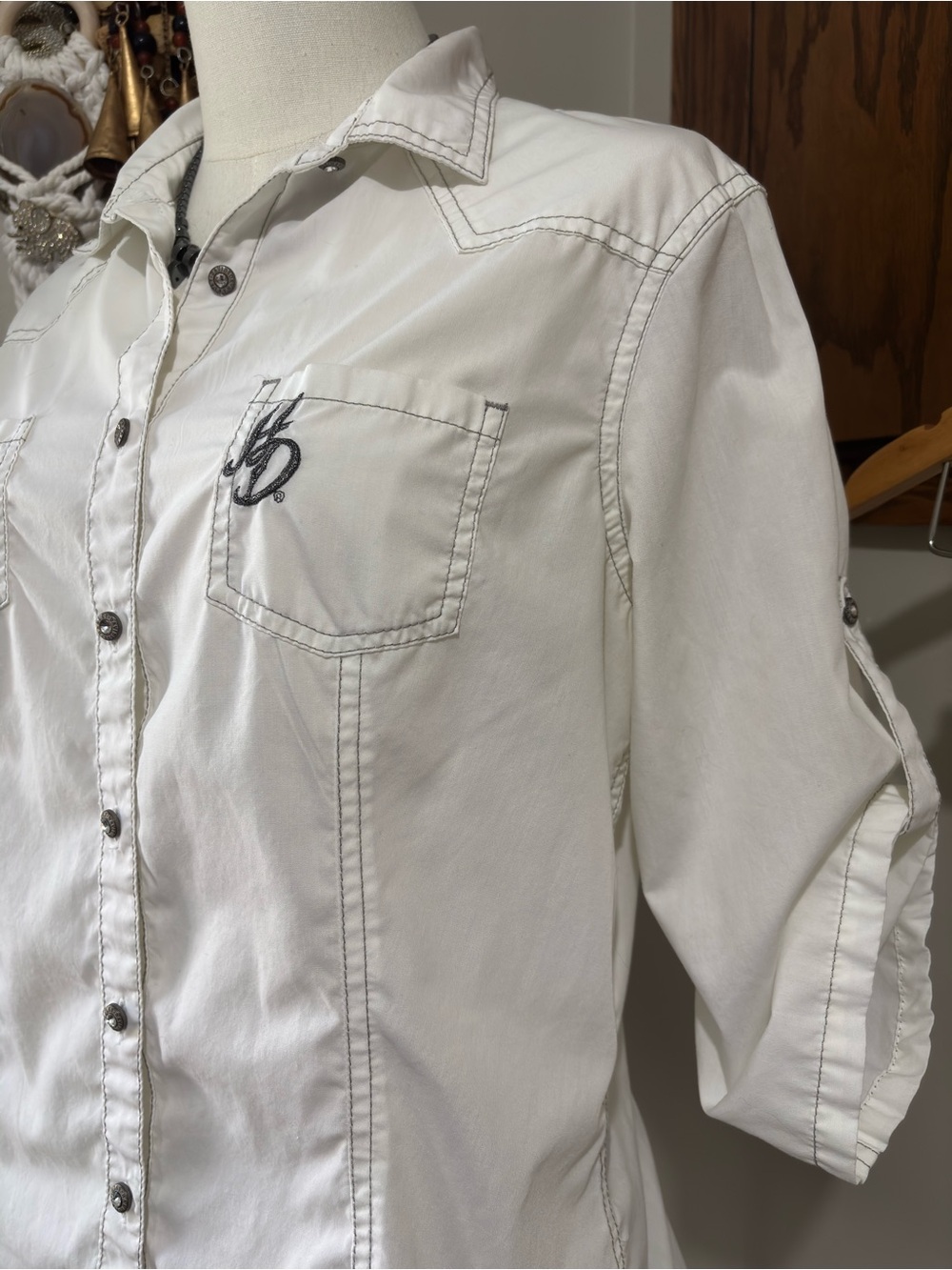 Harley Davidson White Winged Button Up Shirt Large Biker Moto Western Boho - Picture 6 of 15